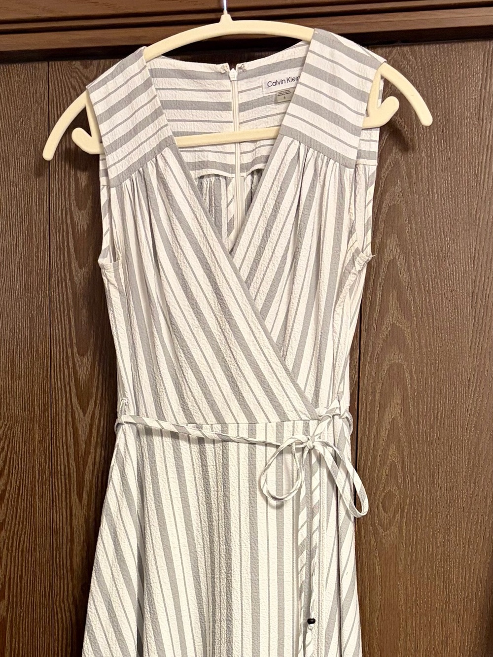 Calvin Klein White and Light Gray Striped Wrap Maxi Dress